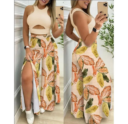 Two Piece Sets Womens Outifits 2024 Summer Print Temperament Sleeveless Slim Top & Casual High Waist Fashion Wide Leg Pants Set