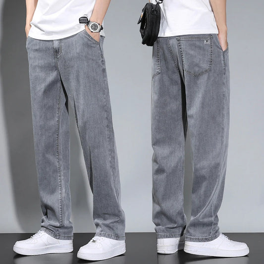 Summer Thin Men's Straight Loose Gray Jeans Soft Fabric Lyocell Fabric Light Colored Casual Pants Male Brand Trousers