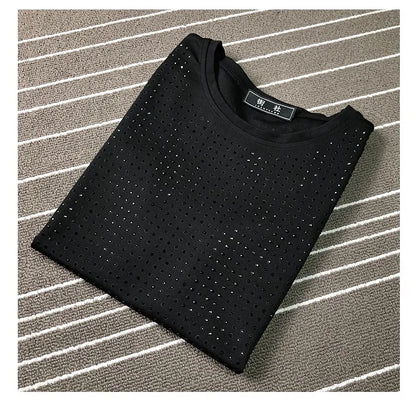 Summer High Quality New  Shiny Round Neck Pure Cotton Slim Heavy Industry Classic Full Diamond Short Sleeve T-Shirt Men