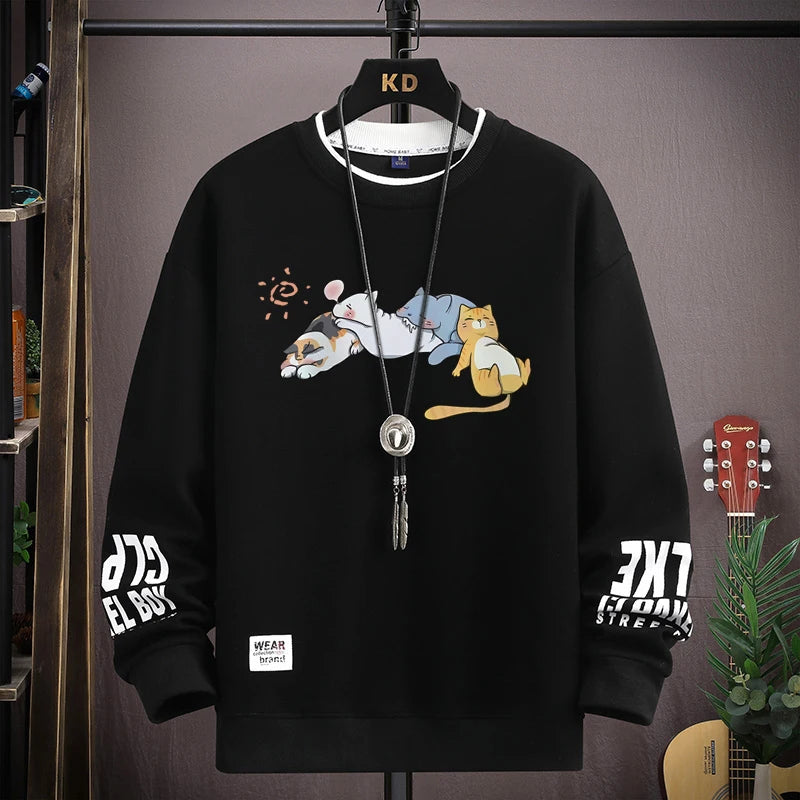 Japan Cartoon Men's Sweatshirt Hoodies Autumn Cats Printed Long Sleeve T-shirt Fashion Men's Clothing Khaki O Neck Harajuku Top