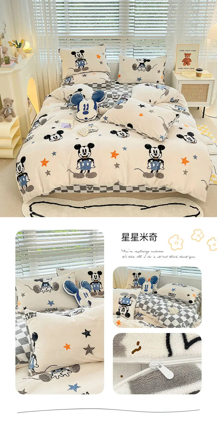 Pooh Bear Daisy Mickey Lotso Minnie cute cartoon pattern soft and warm milk velvet bed sheet and quilt cover four-piece set