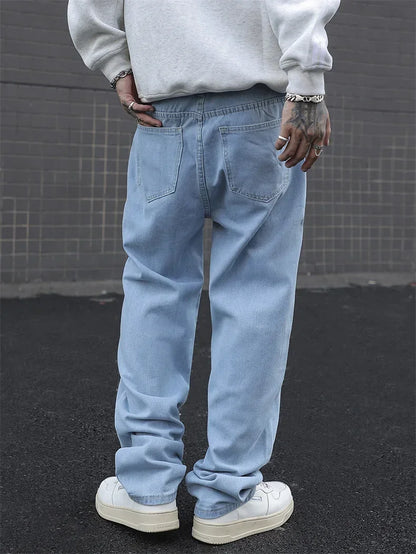 New Men's Cotton Baggy Y2K Jeans Fashion Male Clothes Elastic Waist Washed Wide Leg Pants Solid Straight Loose Denim Trousers