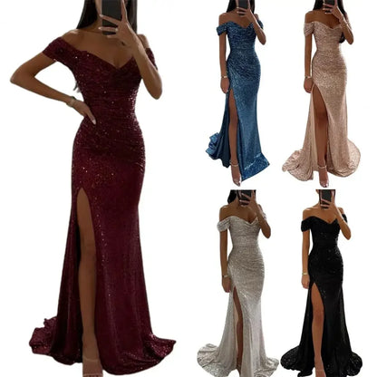 Summer Dress SkinnySequin Pleated Split Maxi Bodycon Dress Slim Fit Off Shoulder Evening Party Prom Dress Birthday Clubwear