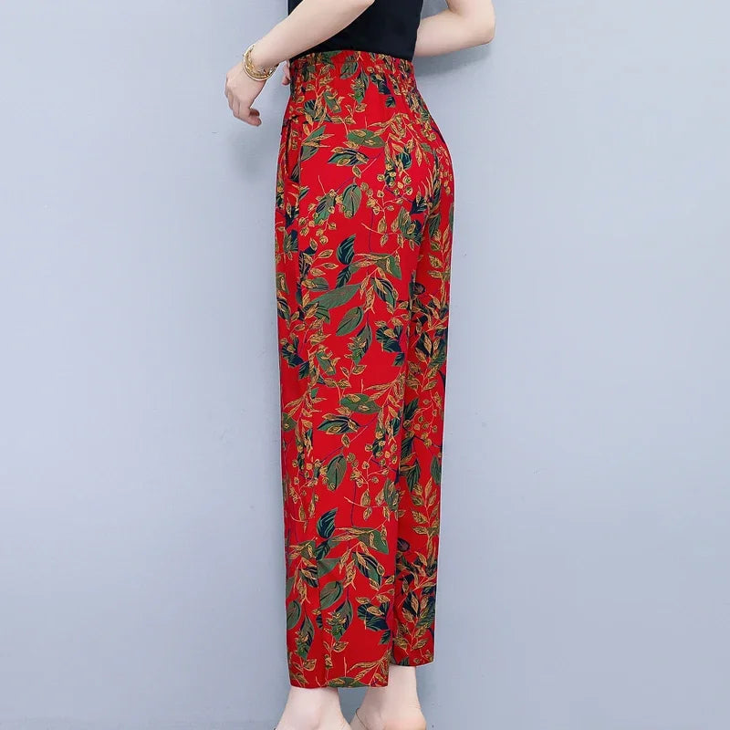 Women Pants High Waist Loose Print Summer Pants for Women Elastic Waist Vintage Clothing