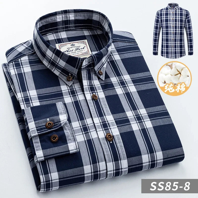 Men's Plaid Checkered Long Sleeve Shirts Contrast Color No Pocket Comfortable 100% Cotton Casual Standard Fit Button Down Shirt