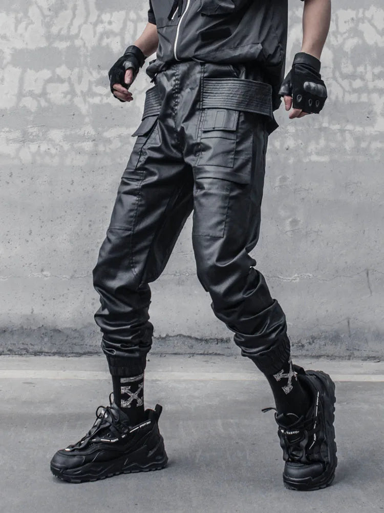 2023 Waxy Coating Punk Hip Hop Cargo Pants Mens Multi-pockets Motorcycle Techwear Functional Joggers Street Casual Trousers