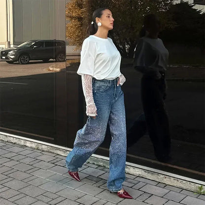 Rhinestone Wide Leg Lady Jeans Diamonds Denim Straigt High Waist Zipper Female Pants 2025 Fashion Pockets Street Lady Trouser