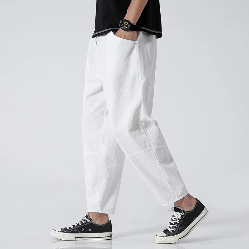 100% Cotton Ankle Length Pants Summer Casual Pants Man Trendy Japanese Loose Pants Men