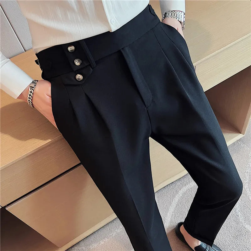 British Style Pants Men High Waist Belt Design Casual Slim Formal Office Dress Pant Men Social Wedding Party Dress Suit Trousers