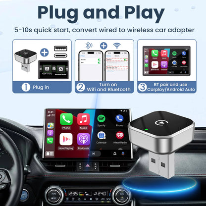 PLAYAIBOX sans fil 2 en 1 CarPlay Android Auto sans fil Supermini Box adaptateur Plug And Play Dongle Bluetooth WiFi connexion rapide