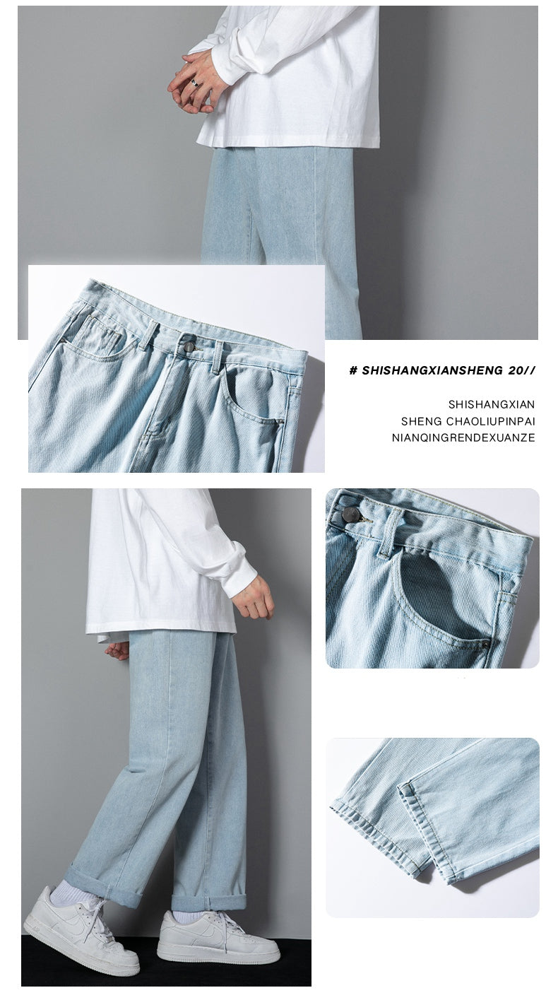 New Korean Men's Casual Long Jeans Classic Man Straight Denim Wide-leg Pants Solid Color Light Blue Grey Black 3XL