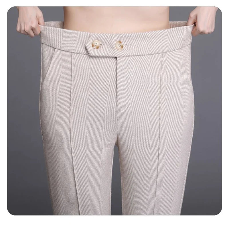 2024 Autumn Winter Women's Woolen Pants New Fashion High Waist Elastic Micro Flare Pants Slim Female Casual Wool Trousers 4XL