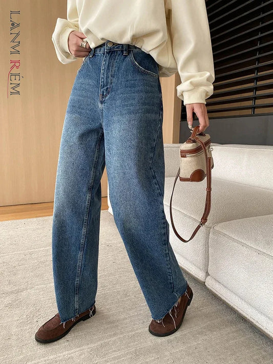 [LANMREM] Rough Edge Design Jeans Women High Waist Straight Wide Leg Denim Trousers Office Lady Clothing 2025 Autumn New 26C168