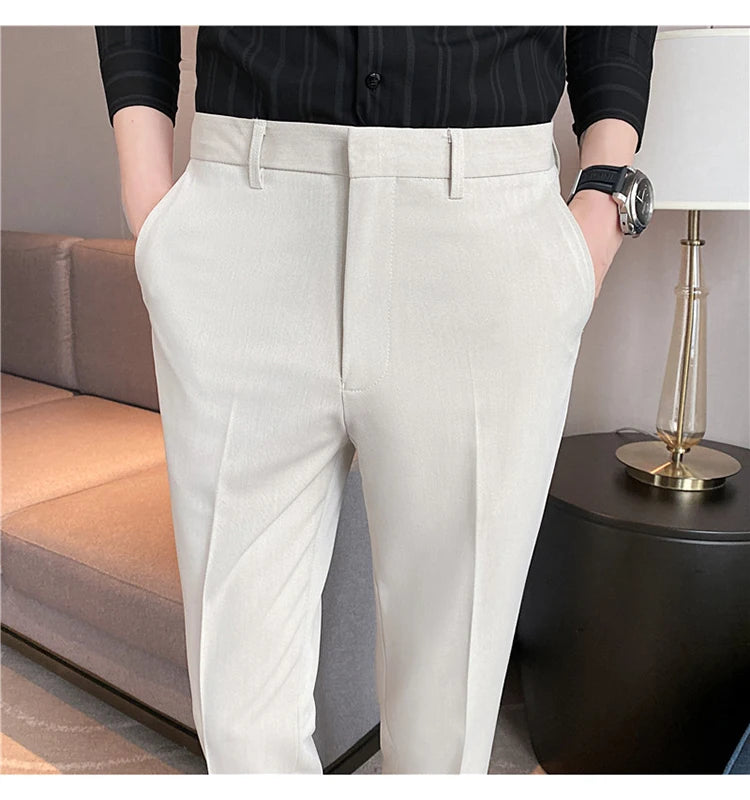 9 Color Summer Fashion Mens Suit Pants Pure Color Business Formal Pants Slim Fit Office Mens Wedding Social Ankle Long Trousers