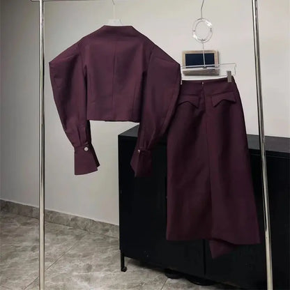 Autumn New Fashion Designer Women's Skirt Suit Elegant Office Lady Solid Color Short Jacket + Fold Long Skirt Two-Piece Set J309