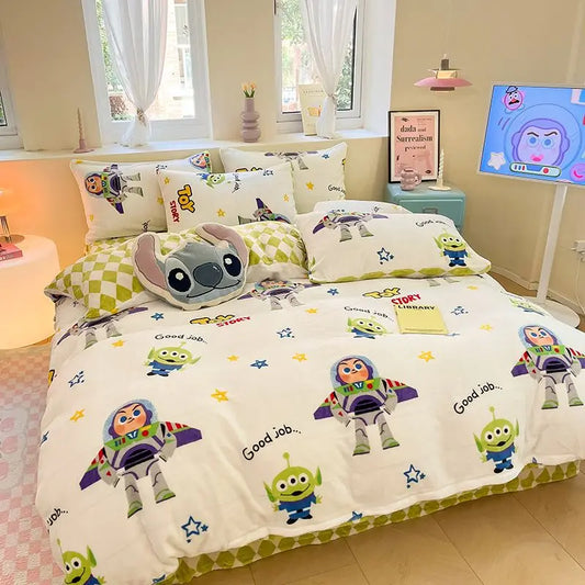 Buzz Lightyear Pooh Bear Stitch Lotso Mickey New Creative Cartoon Print Warm Milk Velvet Sheets and Quilt Covers Four-piece Set