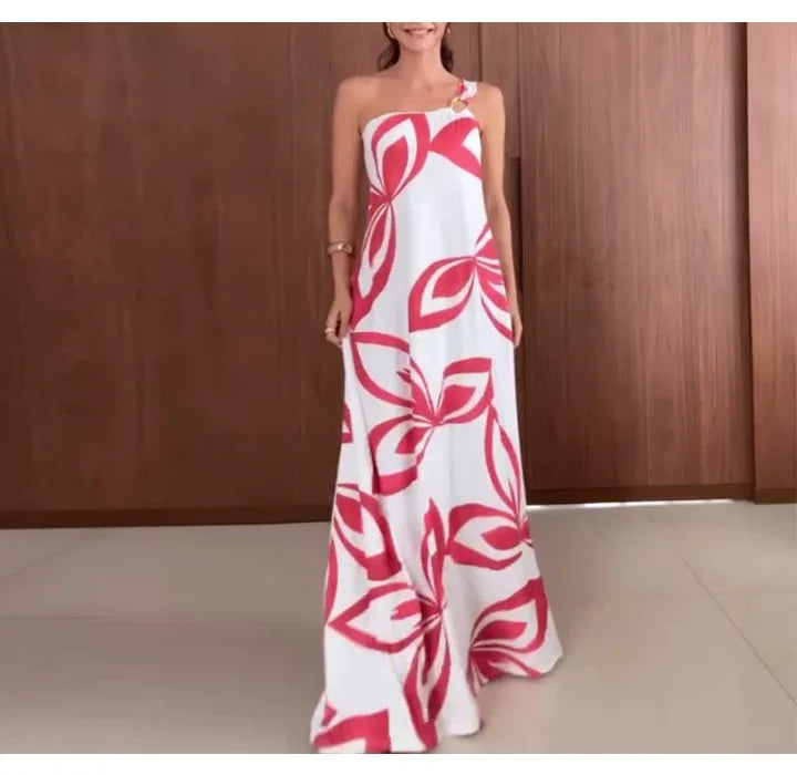 Summer Dress for Women 2024 New Slant Neck Fashion Printed Open Back Casual Dresses Sleeveless Long Skirt Female Streetwear