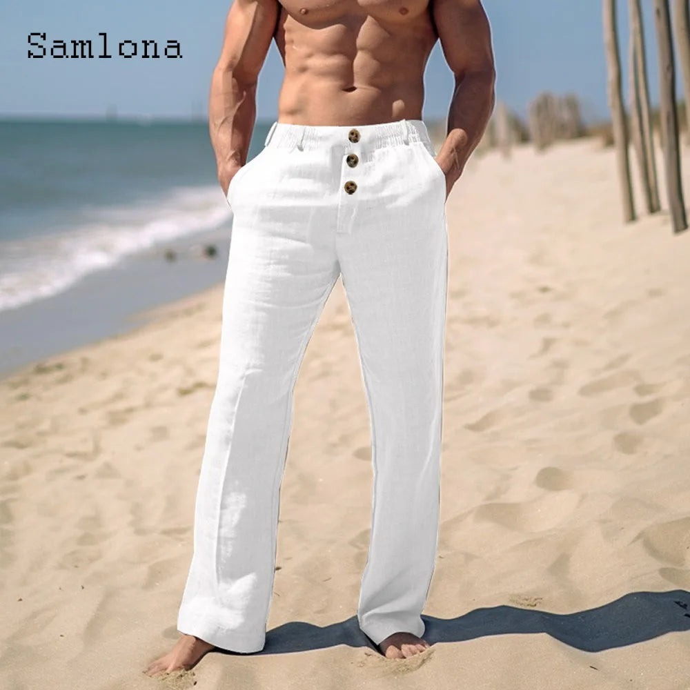 2024 Men Elegant Triple Buttons Cotton Linen Pants Solid White Full-Length Trouser Plus Size Mens Casual Drawstring Sweatpants