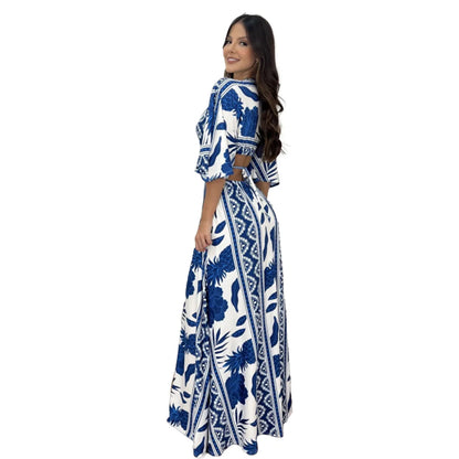 Sexy Printed Long Dresses Deep V-neck Women Hollow Out Lace-up Bat Half Sleeve Vacation Dress Spring Summer New Bohemian Style