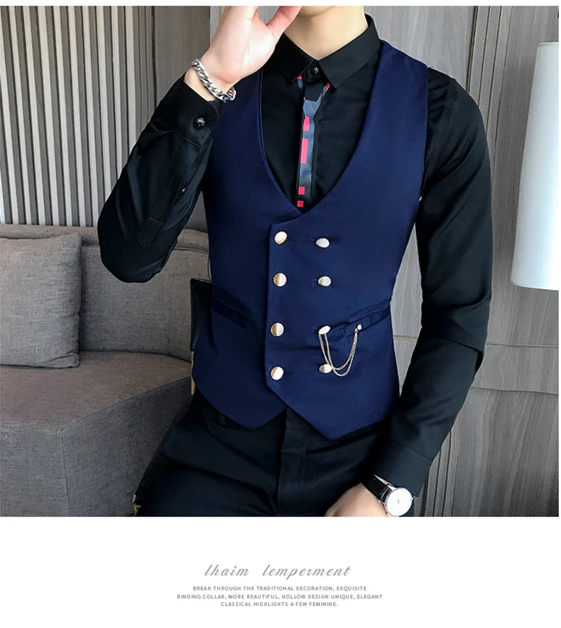 2025 Latest Style Double Breasted Men Suit Vest Gold Button Slim Fit Formal Groom Wedding Vest Streetwear Sleeveless Vest Jacket