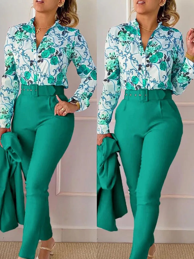 Elegant Women Two Piece Set Suits Fall New Fashion Print Long Sleeve Top Solid Color Pants Set With Belt  Blouses Female Clothes