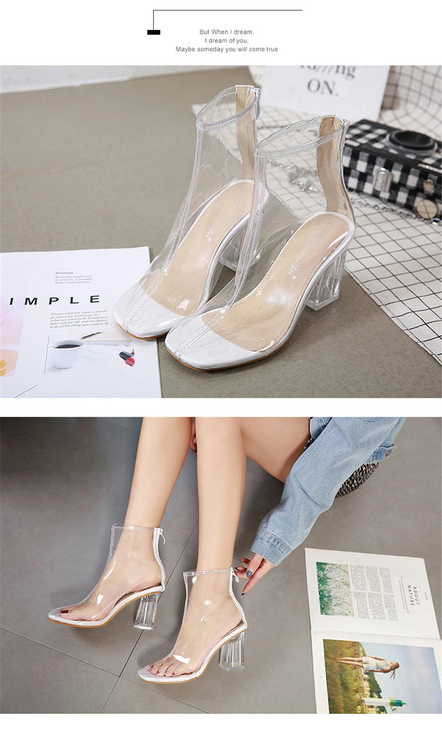 Sexy Transparent Clear PVC Women Ankle Boots Square Toe High Heels Zipper Shoes Platform Ladies Fashion Crystal Thick Heel Boots