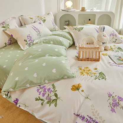 4 Pieces Bedding Set Country Romantic Lavender Flower Duvet Cover Set Purple Yellow Floral Quilt Cover Microfiber Bedspread Set