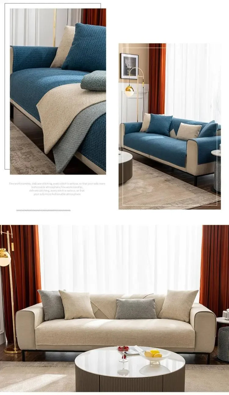 Linen Solid Color Sofa Mat  Simple Anti Slip Four Seasons Universal Seat Sleeve Living Room Modern Dustproof Protector Cover