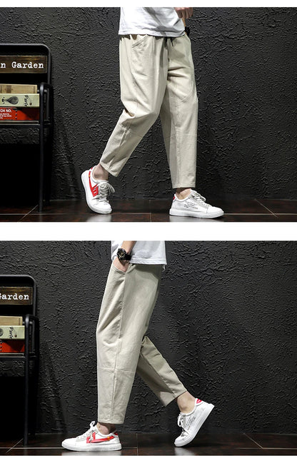 100% Cotton Ankle Length Pants Summer Casual Pants Man Trendy Japanese Loose Pants Men