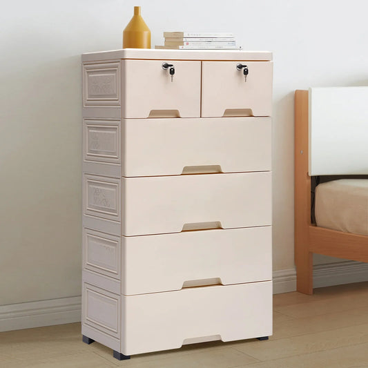 Bymaocar 5 Layers Beige Movable Storage Cabinets, 6pcs Lockable Storage Drawers for Living Rooms, Bedrooms, and Children's Rooms