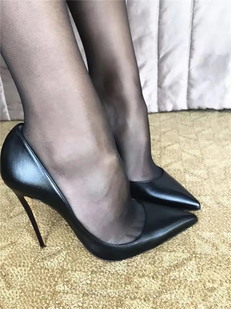 Matte Black Sexy 12cm Woman Super High Heels Pointed Toe Shallow Stilettos Pumps OL Work Ladies Slingback Dress Shoes