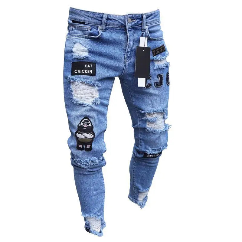 Hip Hop Men's Fashion Embroidered Jeans 2023 Street Club Ripped Denim Pants Classic Blue And White Slim Stretch Pantalon S-4XL