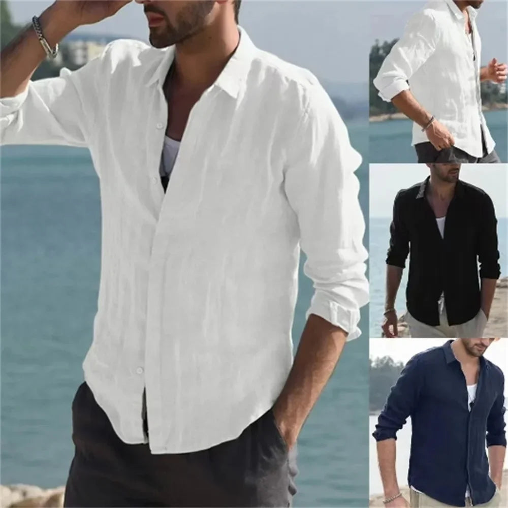 Summer Men's Solid Fashion Versatile Shirt Beach Cotton Linen Shirts Men Long Sleeved Cardigan Tops Turn Down Collar Slim Fit