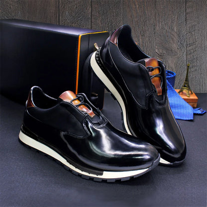 Men's Genuine Leather Casual Shoes Thick Sole Glossy Lace Up Comfortable Handmade Sneakers Dating Marriage Street Men's Shoes