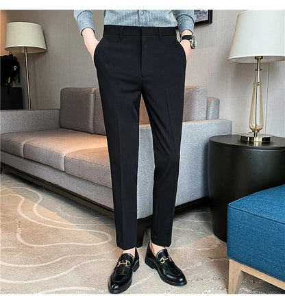 9 Color Summer Fashion Mens Suit Pants Pure Color Business Formal Pants Slim Fit Office Mens Wedding Social Ankle Long Trousers