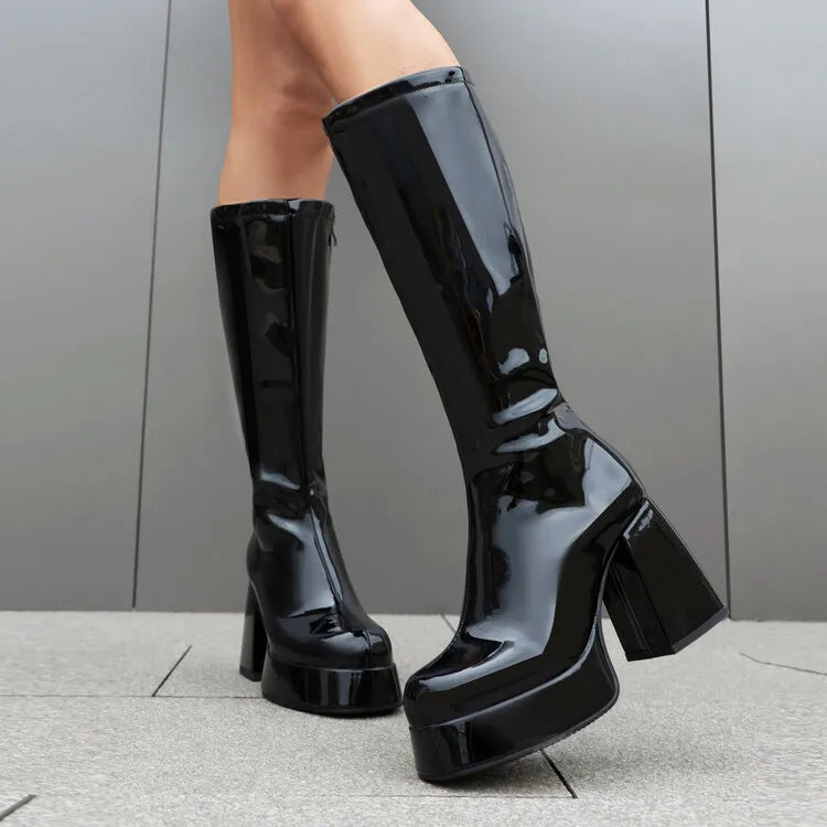 Purple Patent Leather Knee High Boots Waterproof Platform 10cm Thick Heel Bar Stage Boots 35-48  Zip Square Head Long Boots Side