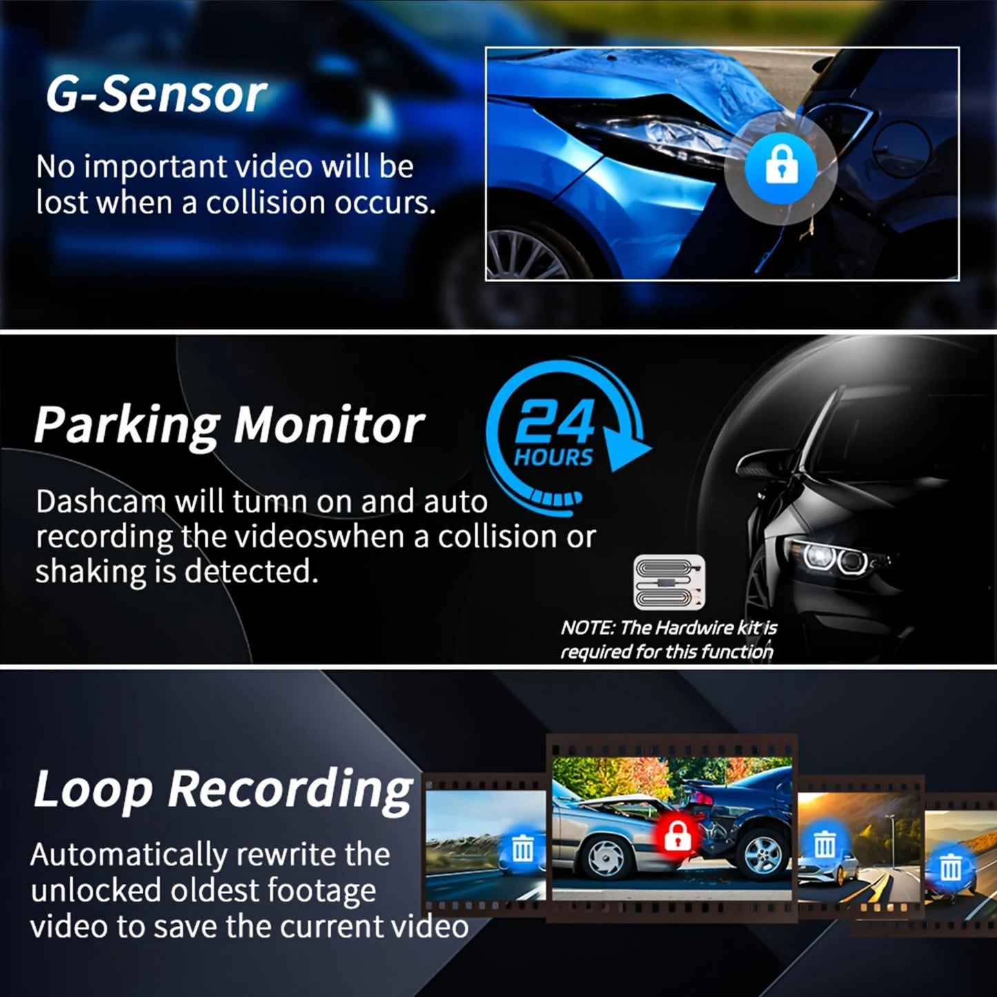 3 caméras Dash Cam 1080P caméra de recul avant et arrière Vision nocturne moniteur de stationnement voiture DVR 3 voies enregistreur vidéo de voiture avec cadeau