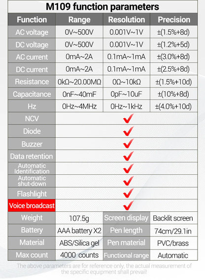 ANENG M109 Digital Multimeter Smart AC Voltage Meter 4000 Count Voice BroadcastTest/NCV/Capacitance/Resistance/Ohm Tester Tools