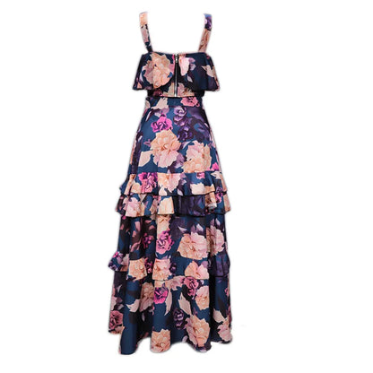 BAMBOOBOY 2 Piece Set Women Stylish Floral Elegant Printed Sleeveless Short Top+Loose High Waist Pleated Long Skirt Sets