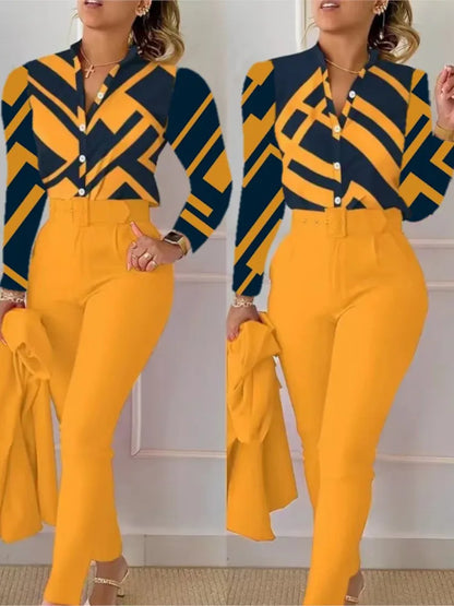 Elegant Women Two Piece Set Suits Fall New Fashion Print Long Sleeve Top Solid Color Pants Set With Belt  Blouses Female Clothes