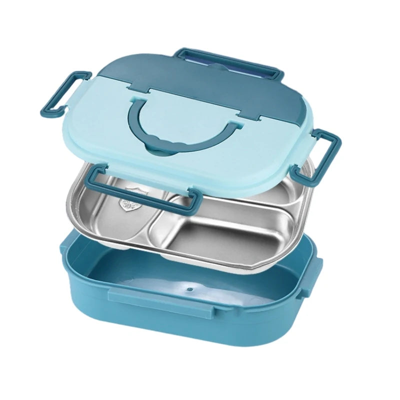 304 Stainless Lunch Box Double Layered with Spoon & Fork Leakproof Eco-Friendly Food-Safe Materials Bowl with Handle for Kids