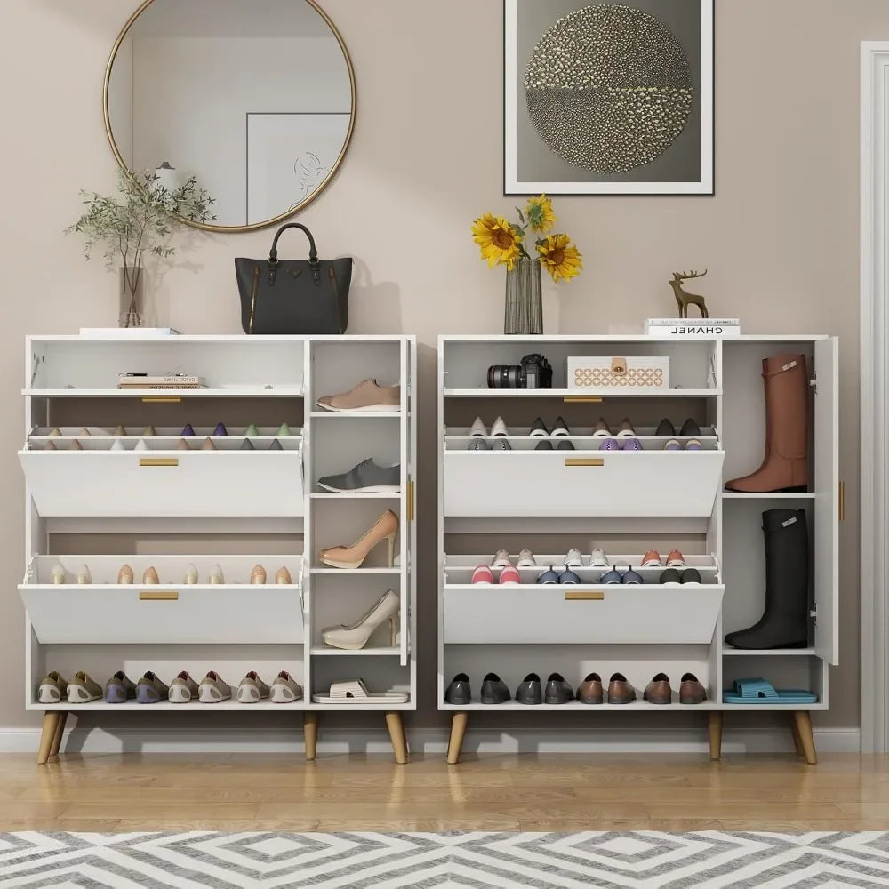 Shoe Rack Cabinet, Free Standing Shoes Storage Organizer Cabinet with 2 Flip Drawers, Entryway Narrow Shoe Rack Storage