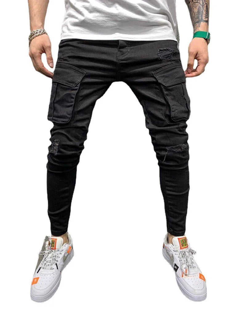 Men Wash Solid Color Multiple Pockets Holes Mid Waist Cargo Pants Trousers Slim Fit Daily Wear Joggers Street Elastic Jeans