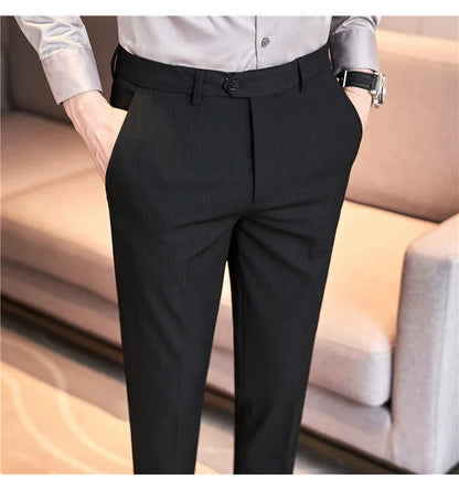 Men Boutique Black Striped Suits Pants Male Formal Wear Wedding Dress Trousers Quality British Style Business Casual Suit Pants