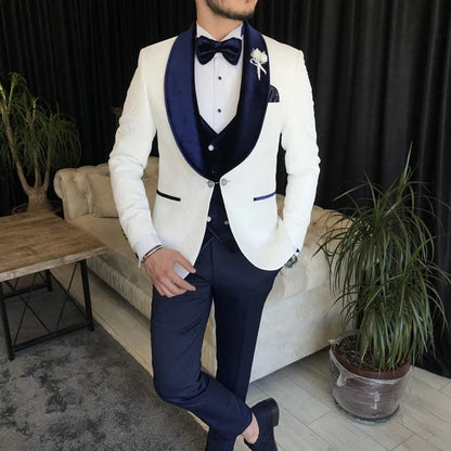 Best White And Navy Wedding Suit Peaky Blinder Velvet Vest Three Pieces Groom Suits Formal Dinner Party Bussiness Customized