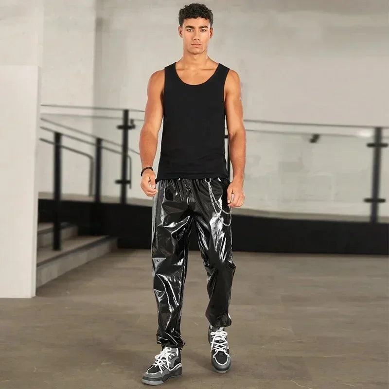 Men's Shiny Faux Latex Leather Lantern Pants Casual Loose with Chain Hip Hop Moto Trousers Pocket Clubwear Elastic New Hot 2024