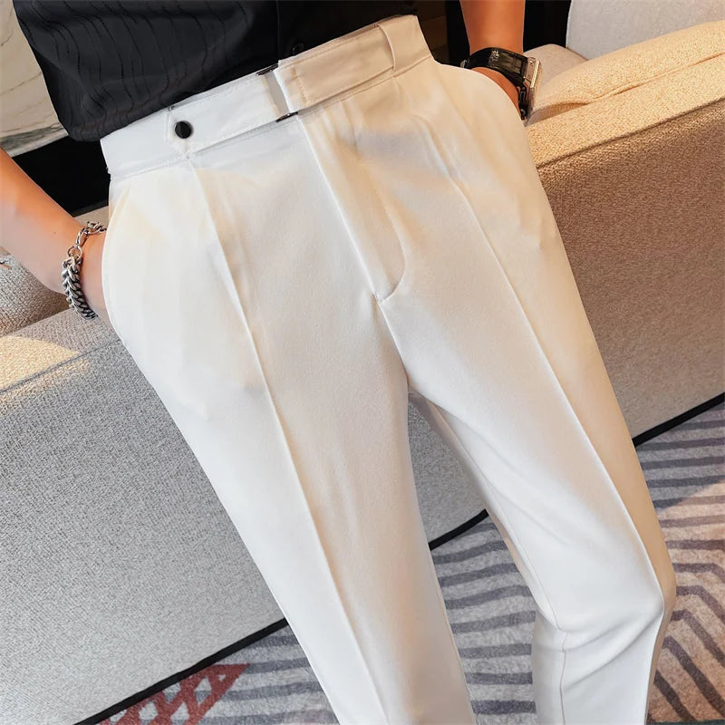 2024 Summer Fashion Belt Design Suit Pant High-waist Solid Color Business Slim Fit Formal Wedding Social Dress Ankle Pants 38-28