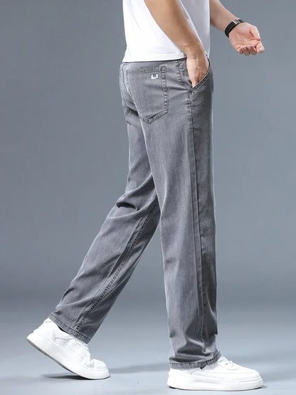 Summer Men's Lyocell Baggy Jeans Thin Soft Drape Business Casual Trousers Classic Smoke Gray Brand Straight Ice Silk Pants