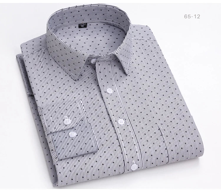 Men's Classic Long Sleeve Print/striped Basic Dress Shirts Single Patch Pocket 65% Cotton Business Standard-fit Office Shirt