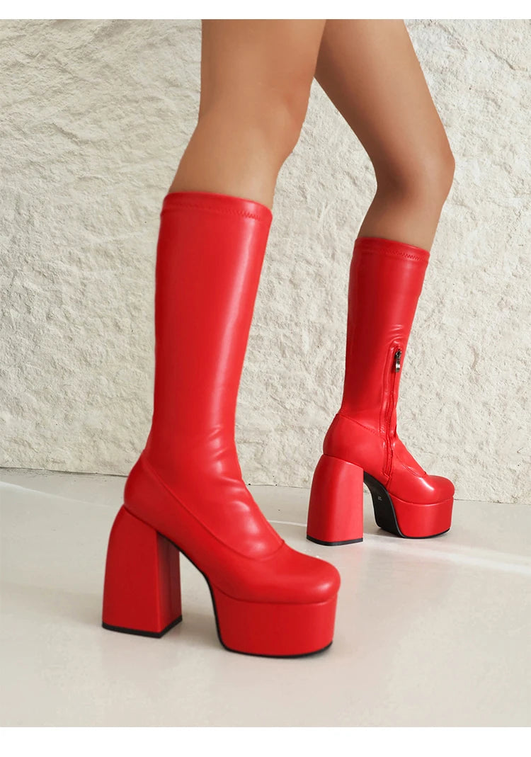 2024 Plus Size Ultra High Contoured Thick Heel Side Zipper Women's Knee Length Boots High Waterproof Platform Fashion Show Boots